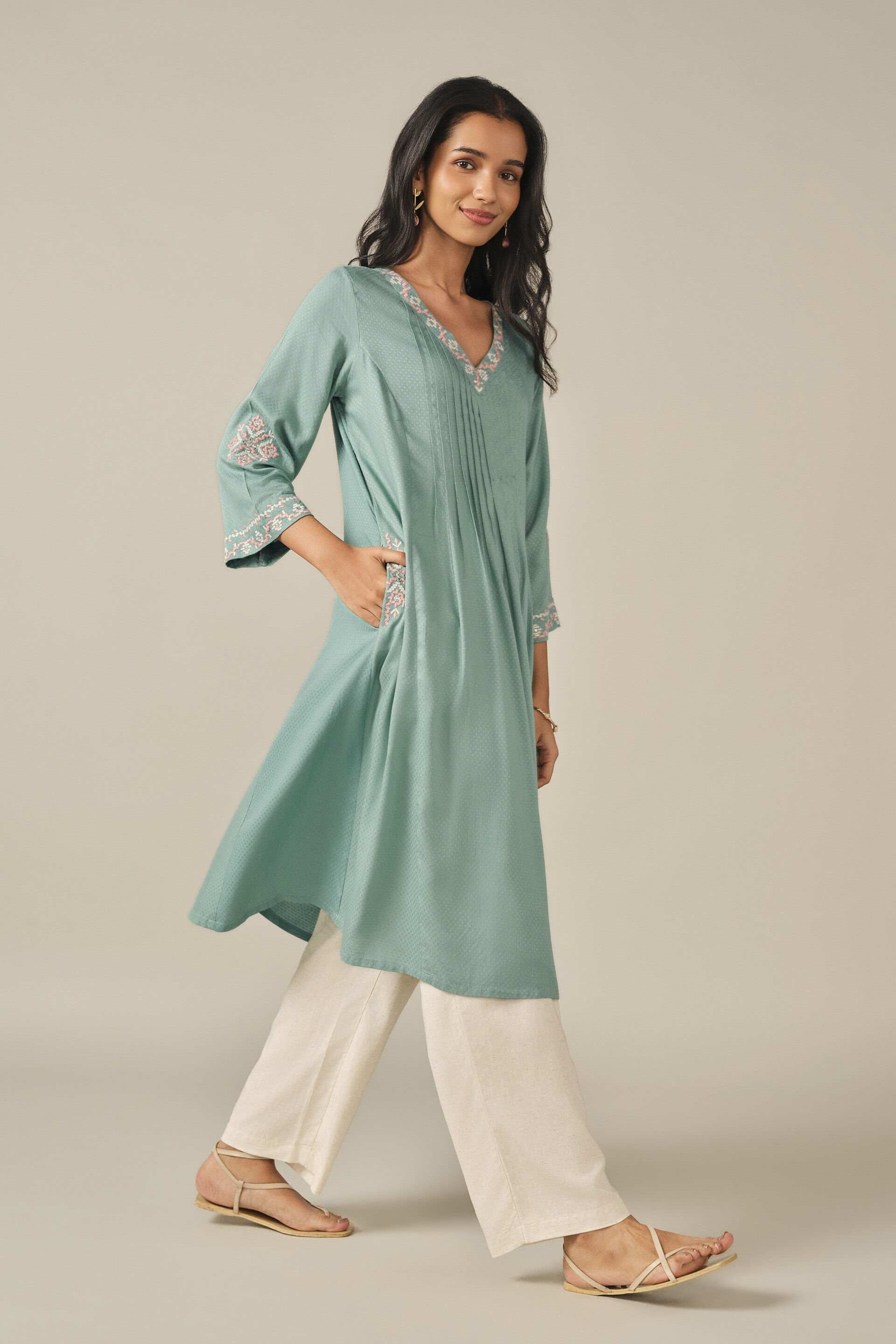 A-Line Embroidered Kurta in Teal, Teal, image 4
